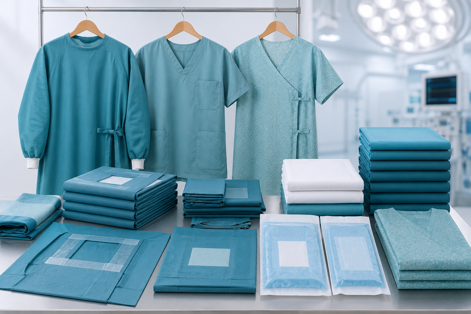MEDIWEAVE medical textile product lineup with drapes, garments and packaged hospital supplies