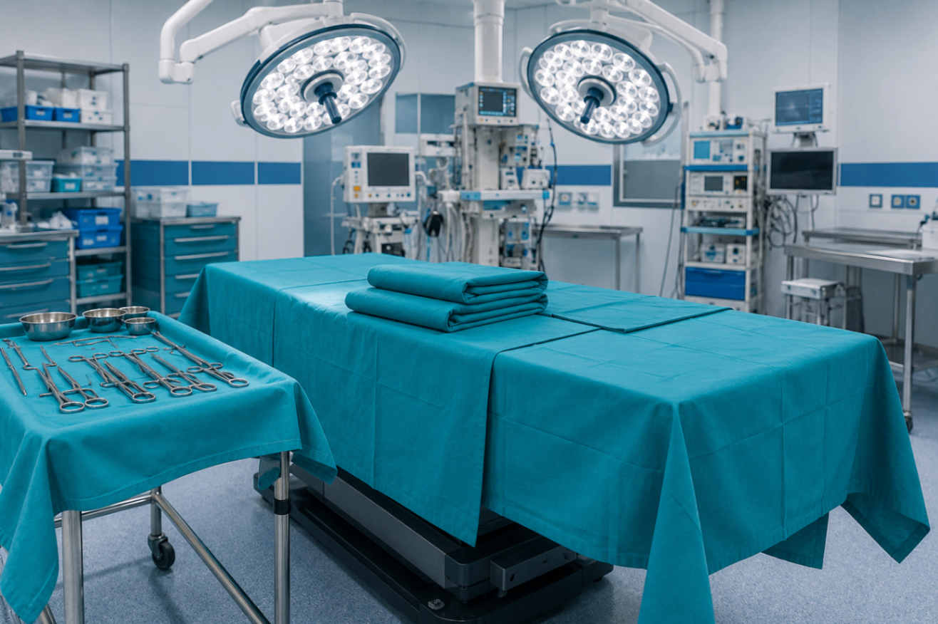 Reusable OT drapes arranged in a modern operation theatre